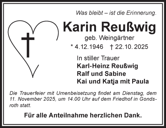 Traueranzeige von Karin Reußwig von Gelnhäuser Neue Zeitung