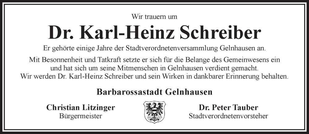  Traueranzeige für Karl-Heinz Schreiber vom 11.10.2025 aus Gelnhäuser Neue Zeitung
