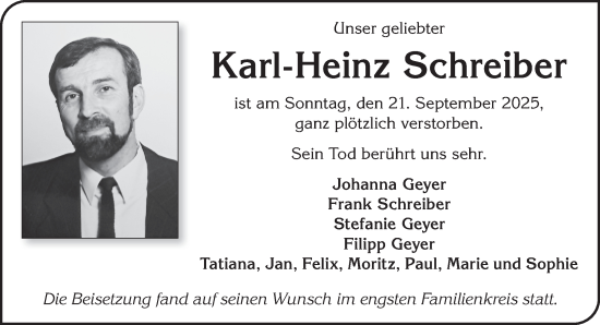 Traueranzeige von Karl-Heinz Schreiber von Gelnhäuser Neue Zeitung