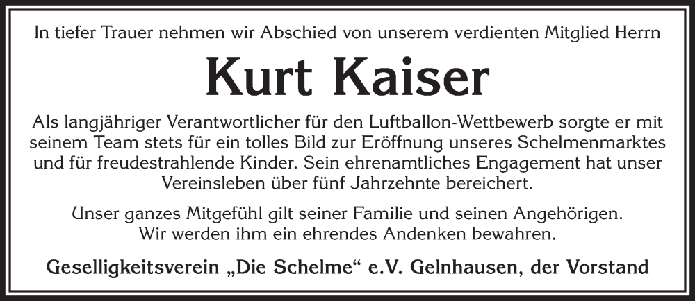  Traueranzeige für Kurt Kaiser vom 11.10.2025 aus Gelnhäuser Neue Zeitung