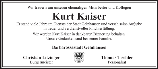 Traueranzeige von Kurt Kaiser von Gelnhäuser Neue Zeitung