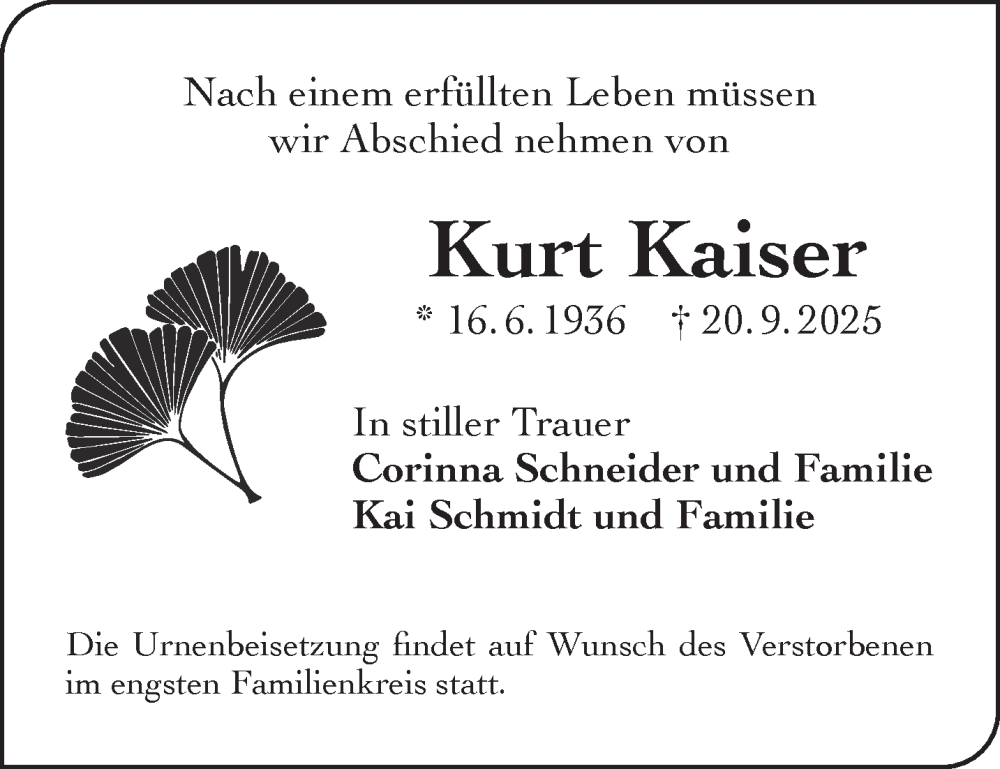  Traueranzeige für Kurt Kaiser vom 04.10.2025 aus Gelnhäuser Neue Zeitung