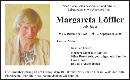 Traueranzeige von Margareta Löffler von Gelnhäuser Neue Zeitung