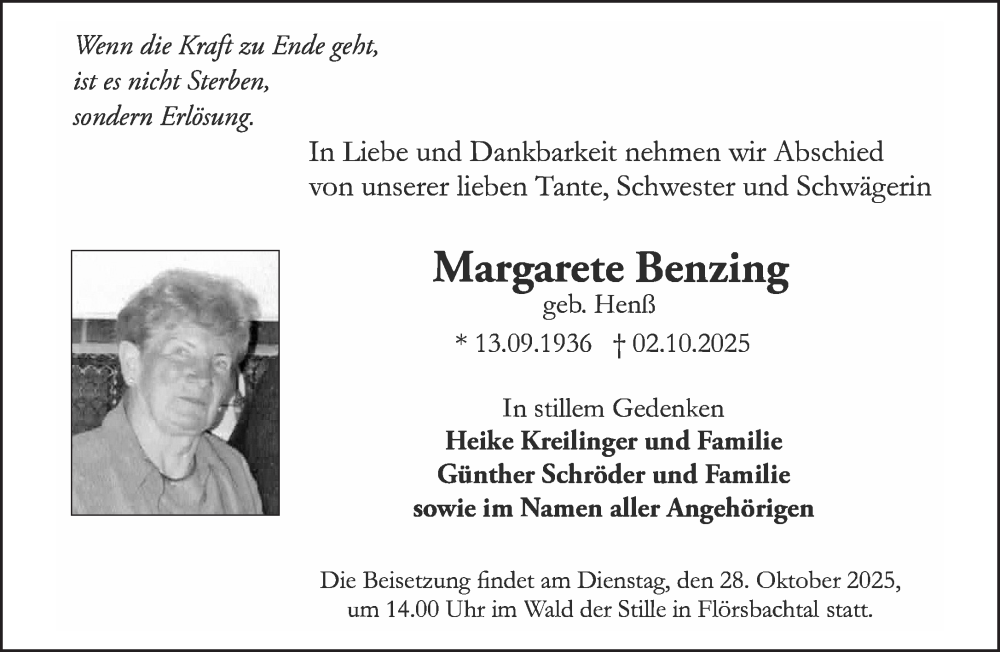  Traueranzeige für Margarete Benzing vom 18.10.2025 aus Gelnhäuser Neue Zeitung