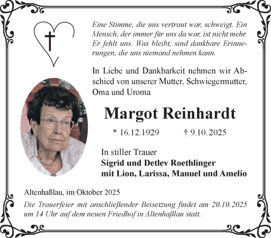 Traueranzeige von Margot Reinhardt von Gelnhäuser Neue Zeitung