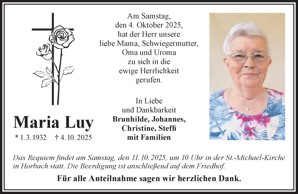  Traueranzeige für Maria Luy vom 11.10.2025 aus Mittelhessen-Bote