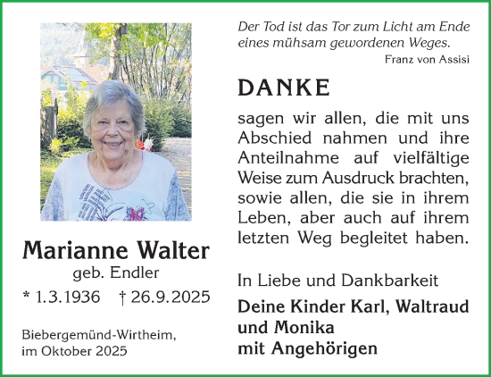 Traueranzeige von Marianne Walter von Gelnhäuser Neue Zeitung
