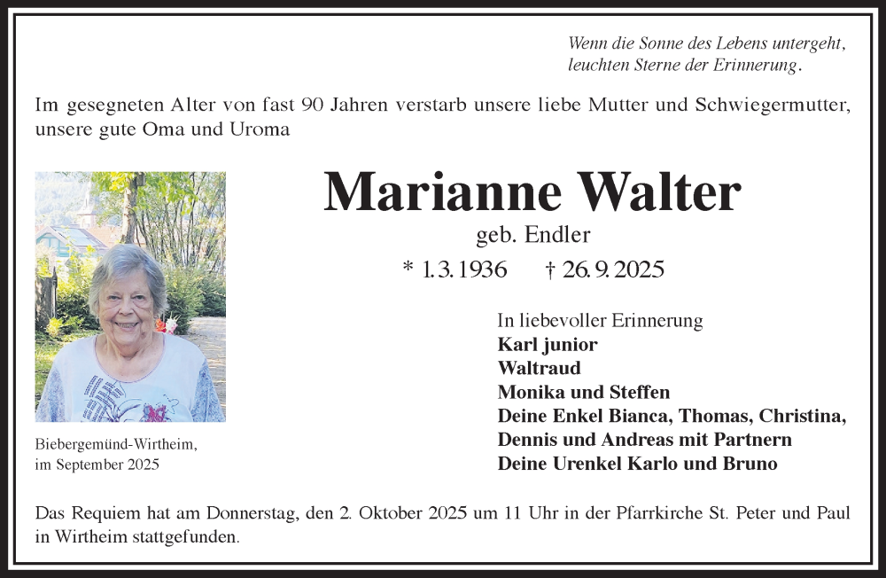  Traueranzeige für Marianne Walter vom 04.10.2025 aus Mittelhessen-Bote