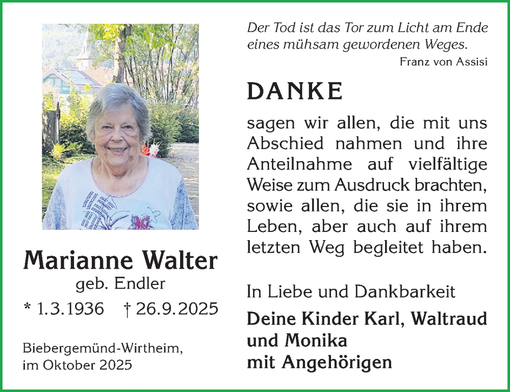  Traueranzeige für Marianne Walter vom 25.10.2025 aus Gelnhäuser Neue Zeitung