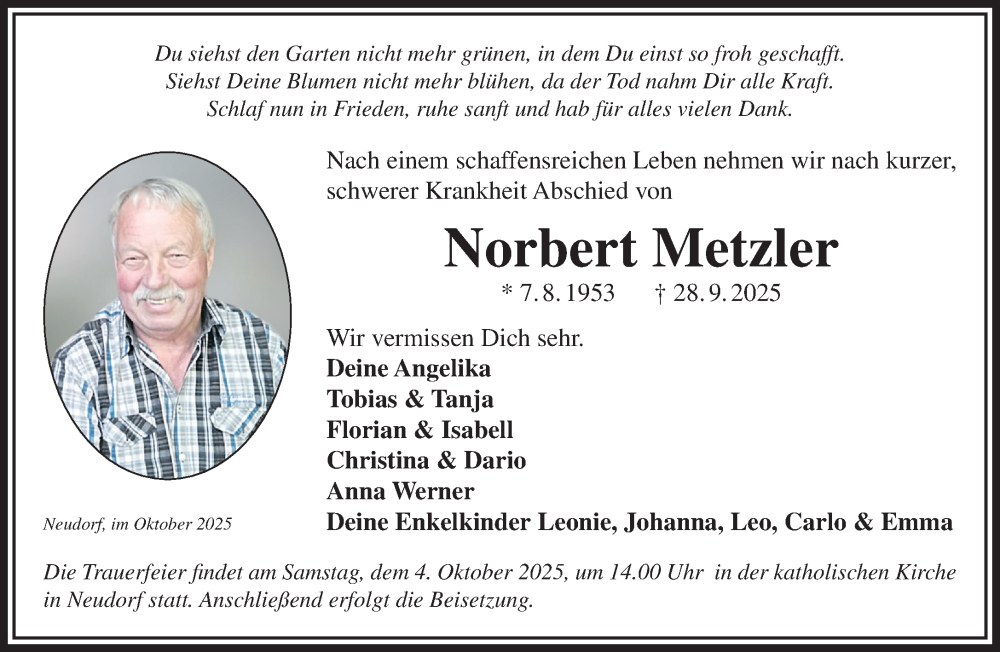  Traueranzeige für Norbert Metzler vom 04.10.2025 aus Mittelhessen-Bote