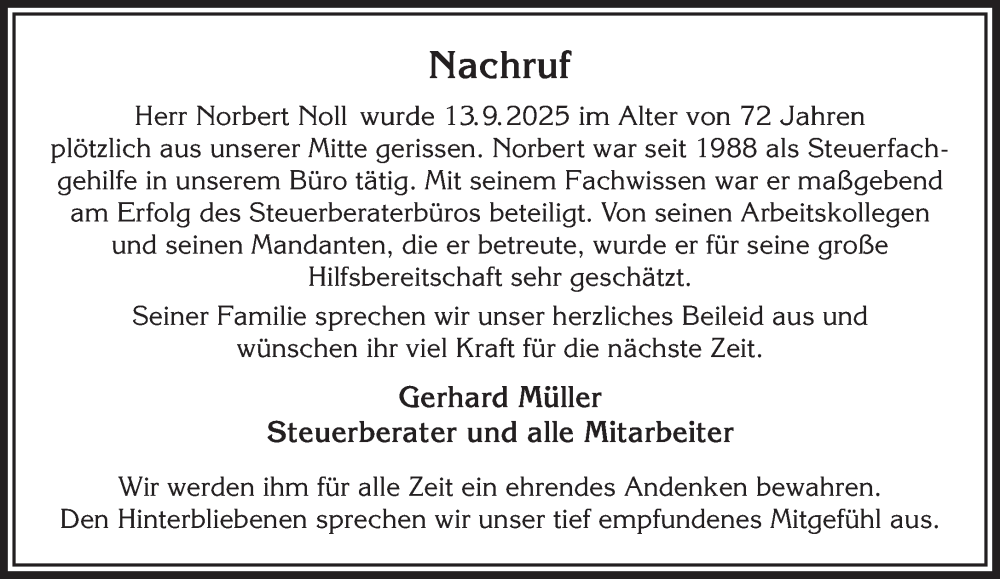  Traueranzeige für Norbert Noll vom 25.10.2025 aus Mittelhessen-Bote