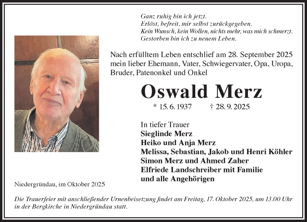  Traueranzeige für Oswald Merz vom 11.10.2025 aus Gelnhäuser Neue Zeitung