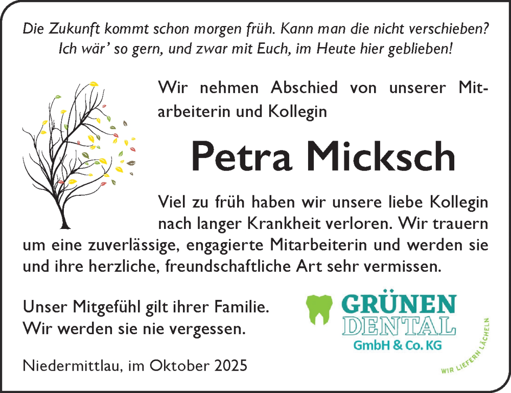  Traueranzeige für Petra Micksch vom 25.10.2025 aus Gelnhäuser Neue Zeitung