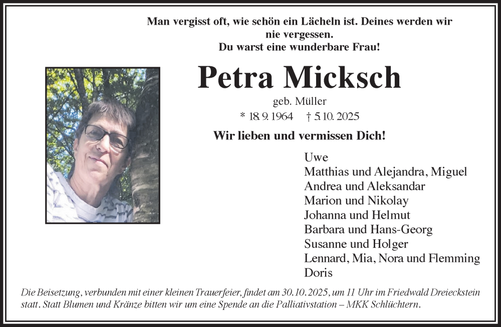 Traueranzeige für Petra Micksch vom 18.10.2025 aus Gelnhäuser Neue Zeitung