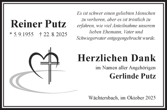 Traueranzeige von Reiner Putz von Gelnhäuser Neue Zeitung