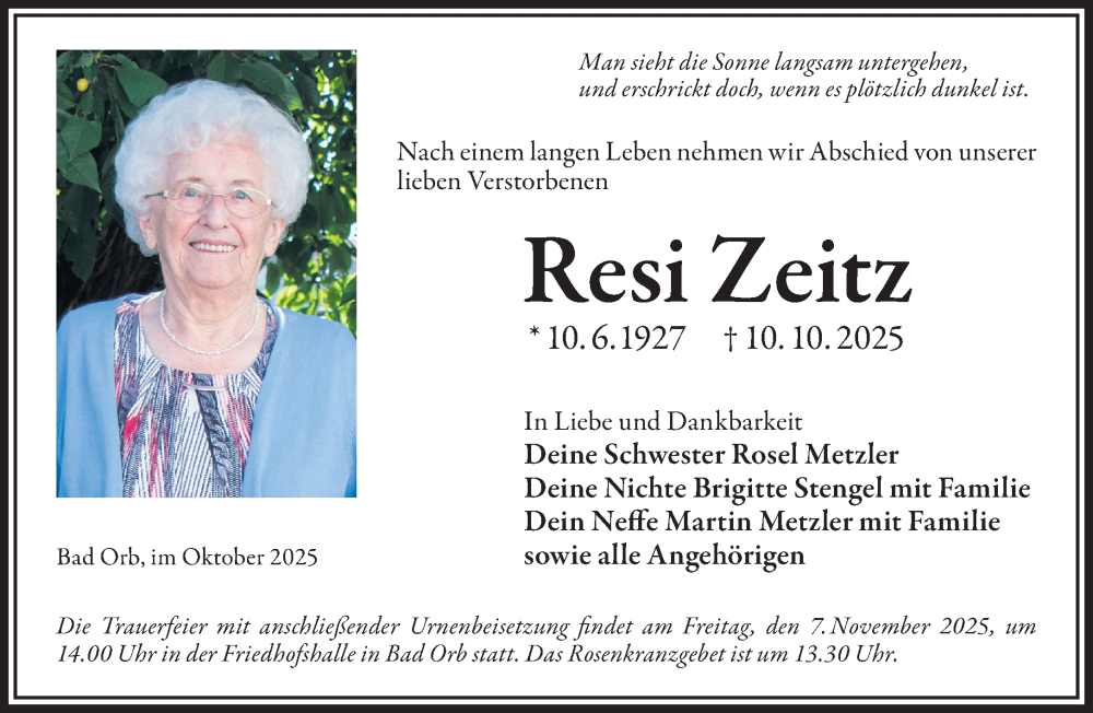  Traueranzeige für Resi Zeitz vom 01.11.2025 aus Gelnhäuser Neue Zeitung