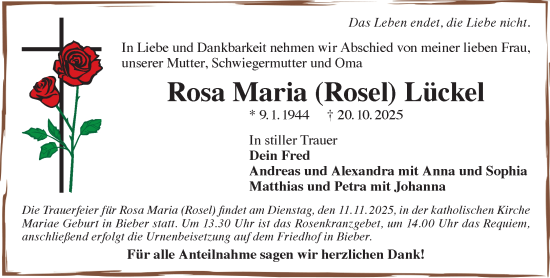 Traueranzeige von Rosa Maria Lückel von Gelnhäuser Neue Zeitung