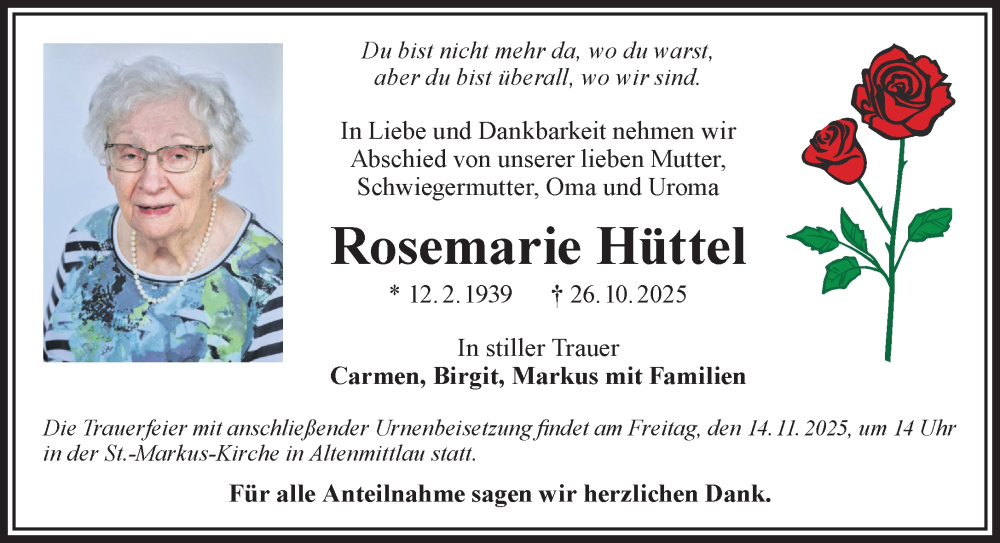  Traueranzeige für Rosemarie Hüttel vom 01.11.2025 aus Gelnhäuser Neue Zeitung