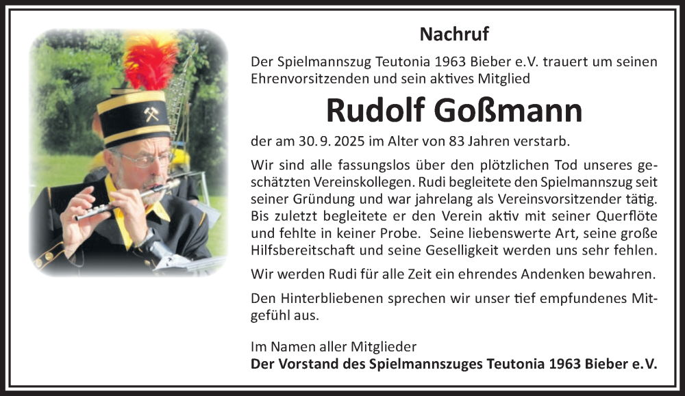  Traueranzeige für Rudolf Goßmann vom 11.10.2025 aus Gelnhäuser Neue Zeitung
