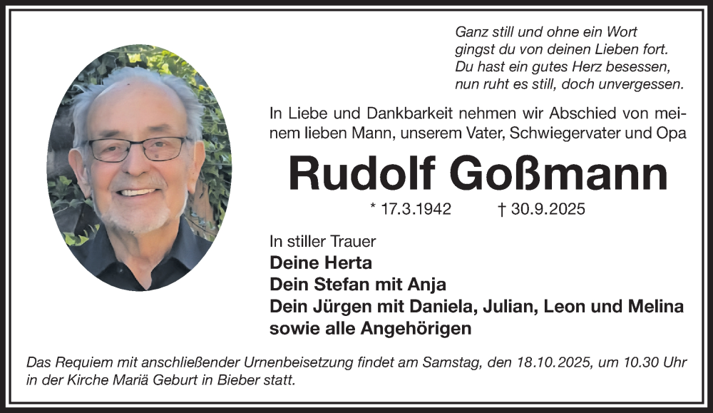  Traueranzeige für Rudolf Goßmann vom 11.10.2025 aus Mittelhessen-Bote