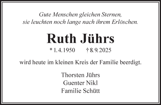 Traueranzeige von Ruth Jührs von Gelnhäuser Neue Zeitung