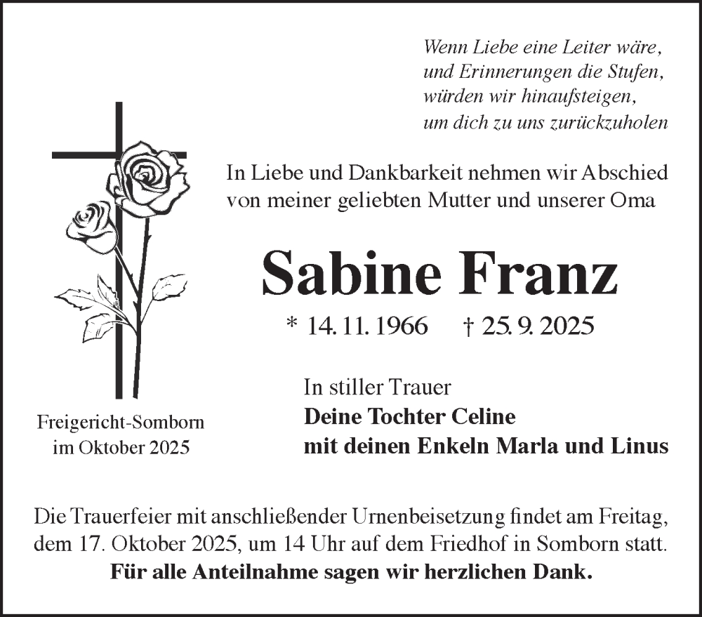  Traueranzeige für Sabine Franz vom 04.10.2025 aus Gelnhäuser Neue Zeitung