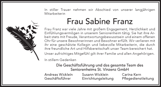 Traueranzeige von Sabine Franz von Mittelhessen-Bote