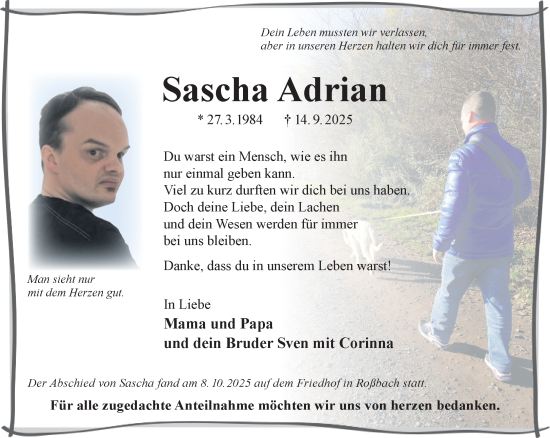 Traueranzeige von Sascha Adrian von Gelnhäuser Neue Zeitung