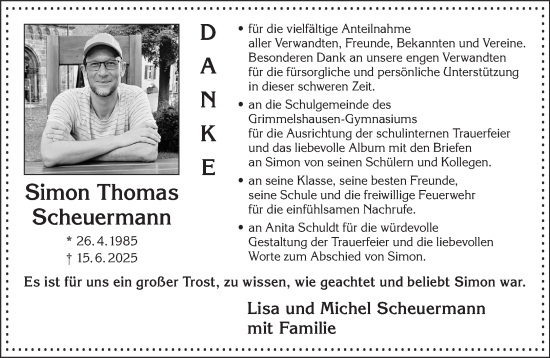 Traueranzeige von Simon Thomas Scheuermann von Mittelhessen-Bote