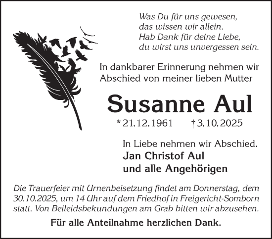 Traueranzeige von Susanne Aul von Gelnhäuser Neue Zeitung