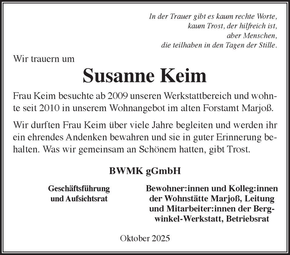  Traueranzeige für Susanne Keim vom 18.10.2025 aus Gelnhäuser Neue Zeitung