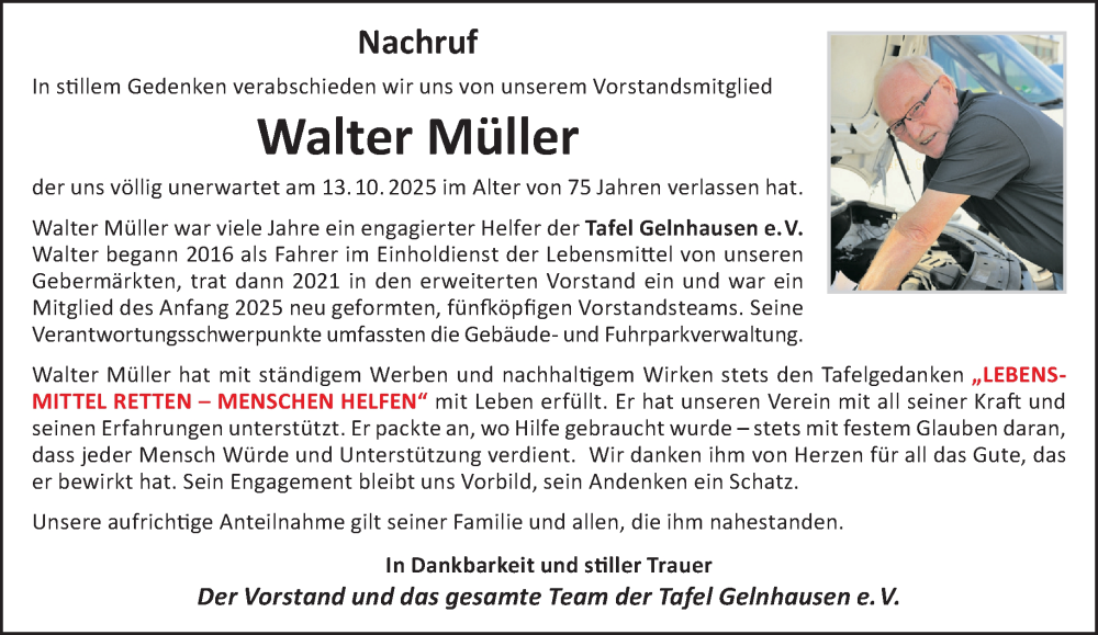  Traueranzeige für Walter Müller vom 25.10.2025 aus Gelnhäuser Neue Zeitung