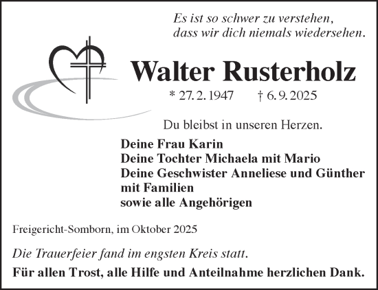 Traueranzeige von Walter Rusterholz von Gelnhäuser Neue Zeitung