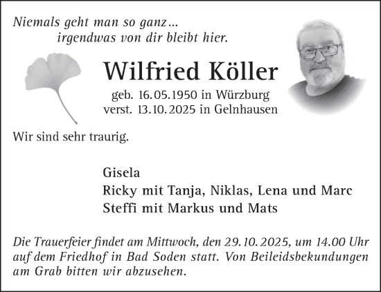 Traueranzeige von Wilfried Köller von Gelnhäuser Neue Zeitung
