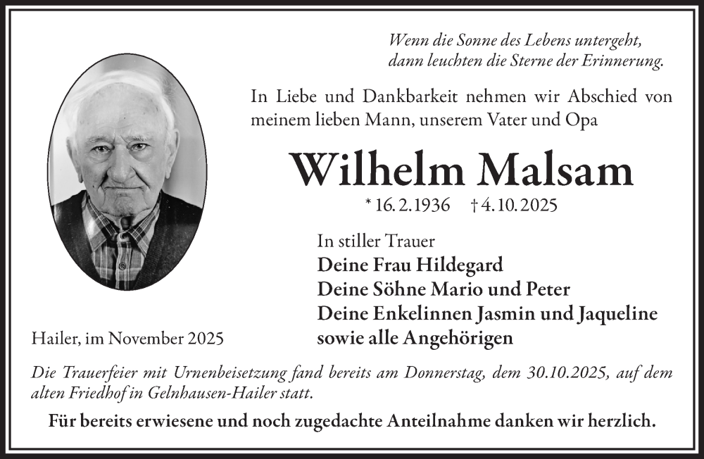  Traueranzeige für Wilhelm Malsam vom 01.11.2025 aus Mittelhessen-Bote