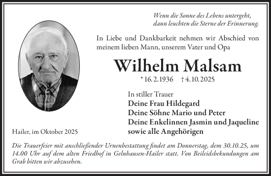 Traueranzeige von Wilhelm Malsam von Gelnhäuser Neue Zeitung