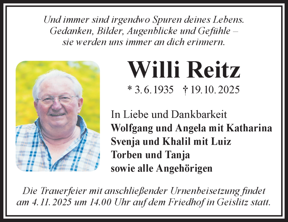  Traueranzeige für Willi Reitz vom 01.11.2025 aus Gelnhäuser Neue Zeitung