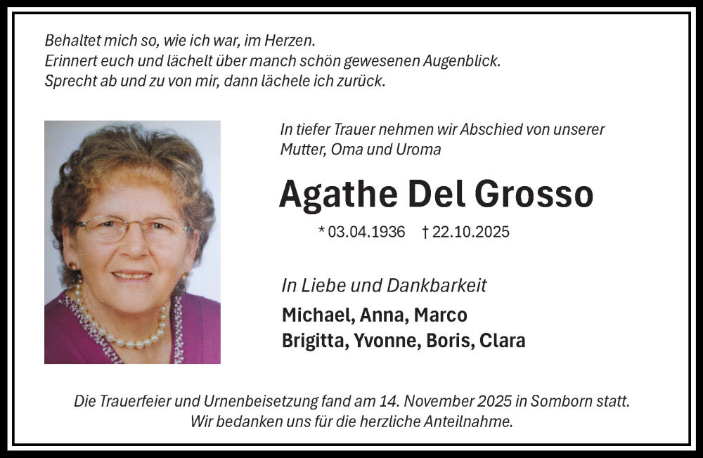  Traueranzeige für Agathe Del Grosso vom 15.11.2025 aus Gelnhäuser Neue Zeitung