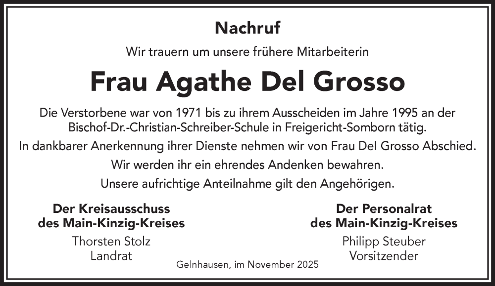  Traueranzeige für Agathe Del Grosso vom 22.11.2025 aus Gelnhäuser Neue Zeitung
