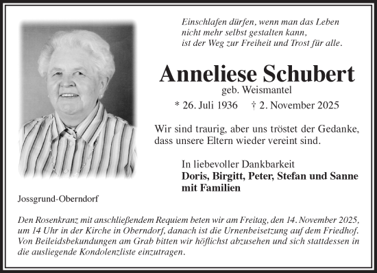 Traueranzeige von Anneliese Schubert von Gelnhäuser Neue Zeitung