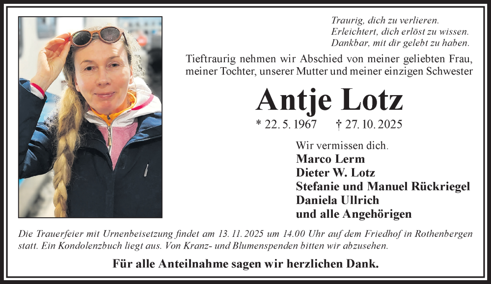  Traueranzeige für Antje Lotz vom 08.11.2025 aus Gelnhäuser Neue Zeitung