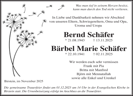 Traueranzeige von Bern und Bärbel Marie Schäfer von Gelnhäuser Neue Zeitung