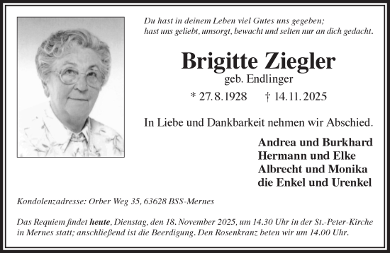 Traueranzeige von Brigitte Ziegler von Gelnhäuser Neue Zeitung