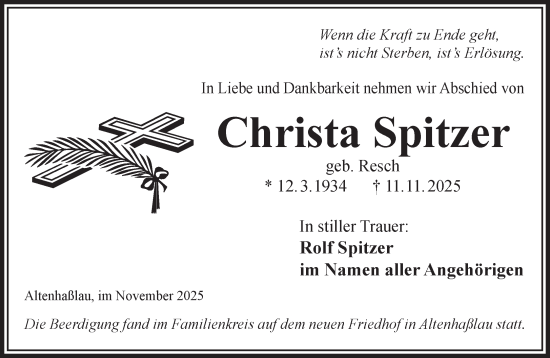 Traueranzeige von Christa Spitzer von Gelnhäuser Neue Zeitung