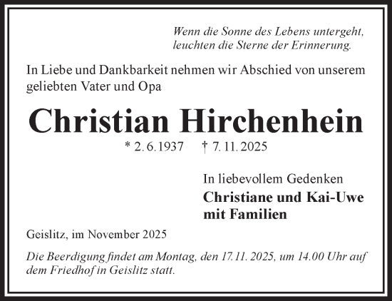 Traueranzeige von Christian Hirchenhein von Gelnhäuser Neue Zeitung