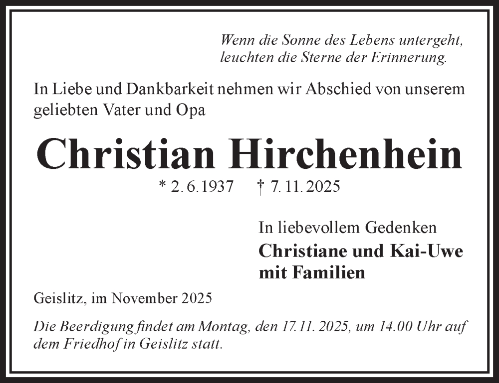  Traueranzeige für Christian Hirchenhein vom 15.11.2025 aus Gelnhäuser Neue Zeitung