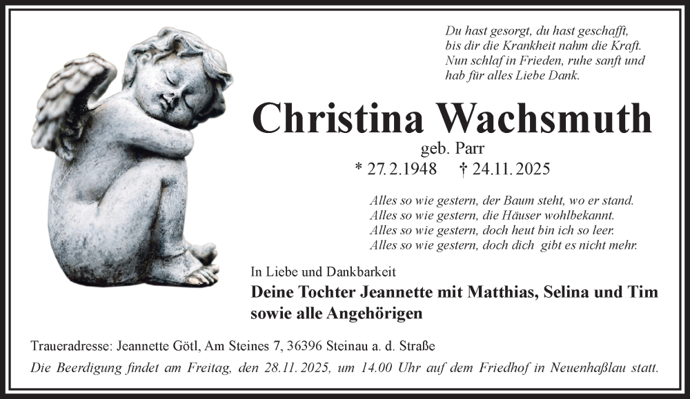  Traueranzeige für Christina Wachsmuth vom 29.11.2025 aus Mittelhessen-Bote
