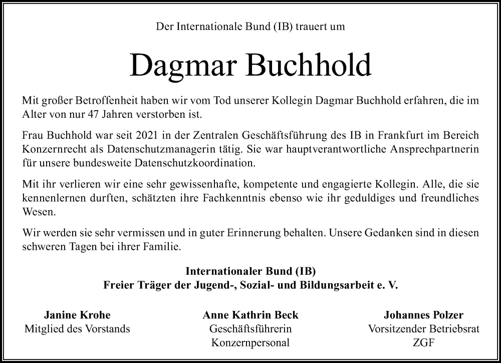  Traueranzeige für Dagmar Buchhold vom 15.11.2025 aus Gelnhäuser Neue Zeitung