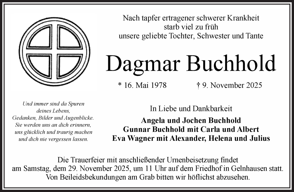  Traueranzeige für Dagmar Buchhold vom 22.11.2025 aus Mittelhessen-Bote