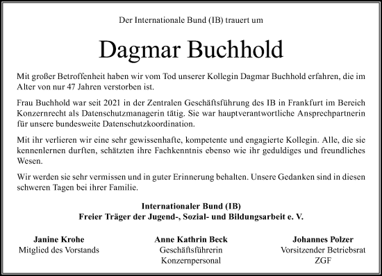 Traueranzeige von Dagmar Buchhold von Gelnhäuser Neue Zeitung